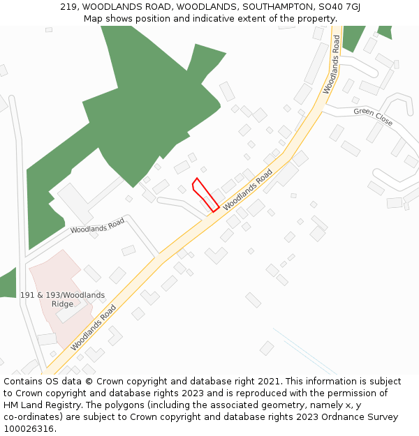 219, WOODLANDS ROAD, WOODLANDS, SOUTHAMPTON, SO40 7GJ: Location map and indicative extent of plot