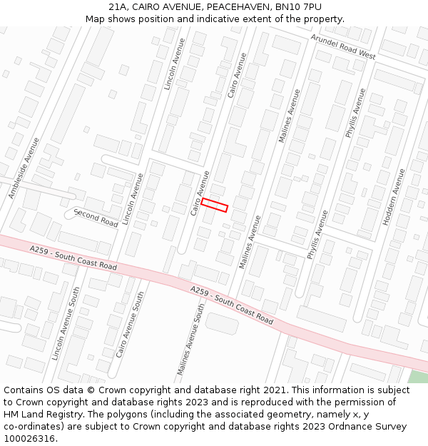 21A, CAIRO AVENUE, PEACEHAVEN, BN10 7PU: Location map and indicative extent of plot