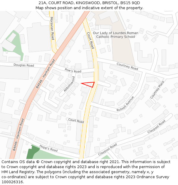 21A, COURT ROAD, KINGSWOOD, BRISTOL, BS15 9QD: Location map and indicative extent of plot