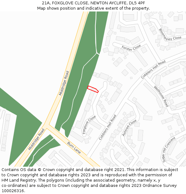 21A, FOXGLOVE CLOSE, NEWTON AYCLIFFE, DL5 4PF: Location map and indicative extent of plot