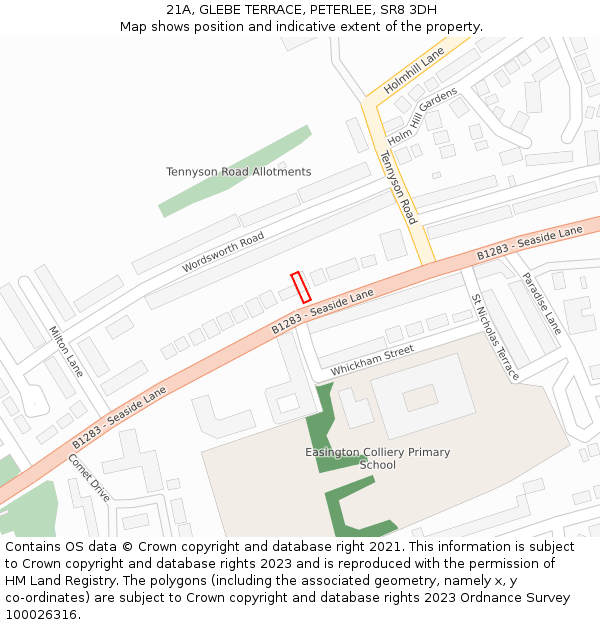 21A, GLEBE TERRACE, PETERLEE, SR8 3DH: Location map and indicative extent of plot