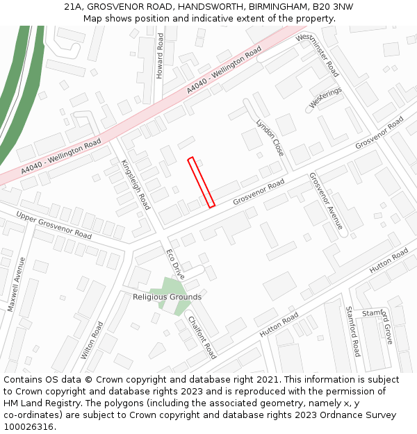 21A, GROSVENOR ROAD, HANDSWORTH, BIRMINGHAM, B20 3NW: Location map and indicative extent of plot