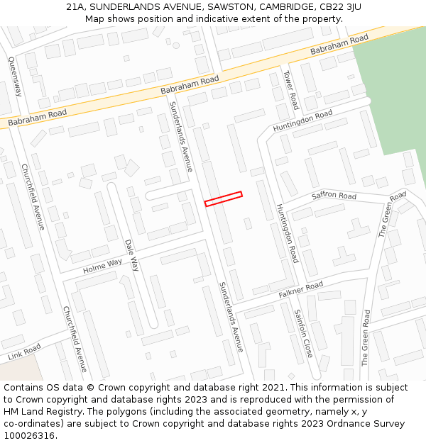 21A, SUNDERLANDS AVENUE, SAWSTON, CAMBRIDGE, CB22 3JU: Location map and indicative extent of plot