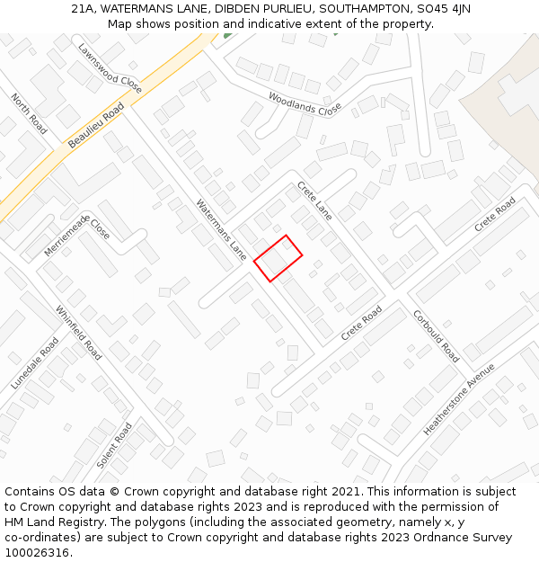 21A, WATERMANS LANE, DIBDEN PURLIEU, SOUTHAMPTON, SO45 4JN: Location map and indicative extent of plot