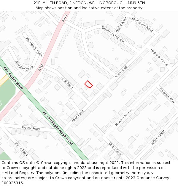 21F, ALLEN ROAD, FINEDON, WELLINGBOROUGH, NN9 5EN: Location map and indicative extent of plot