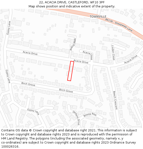 22, ACACIA DRIVE, CASTLEFORD, WF10 3PF: Location map and indicative extent of plot