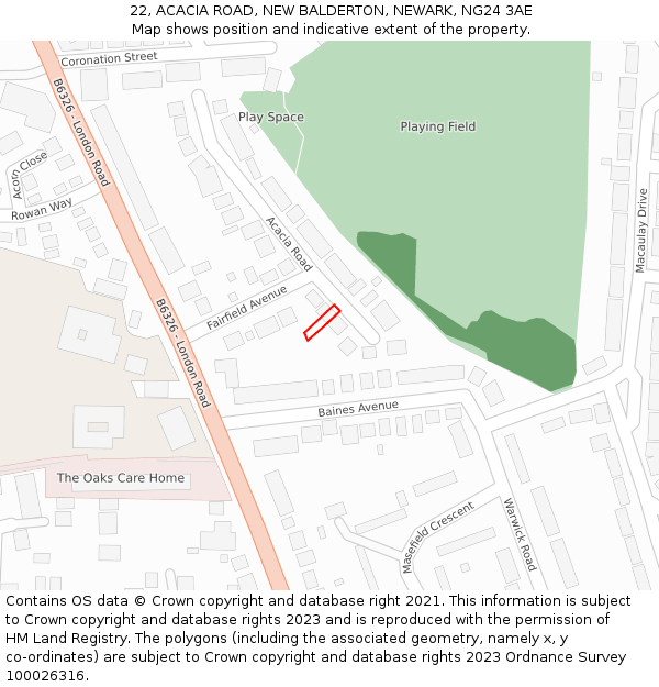 22, ACACIA ROAD, NEW BALDERTON, NEWARK, NG24 3AE: Location map and indicative extent of plot