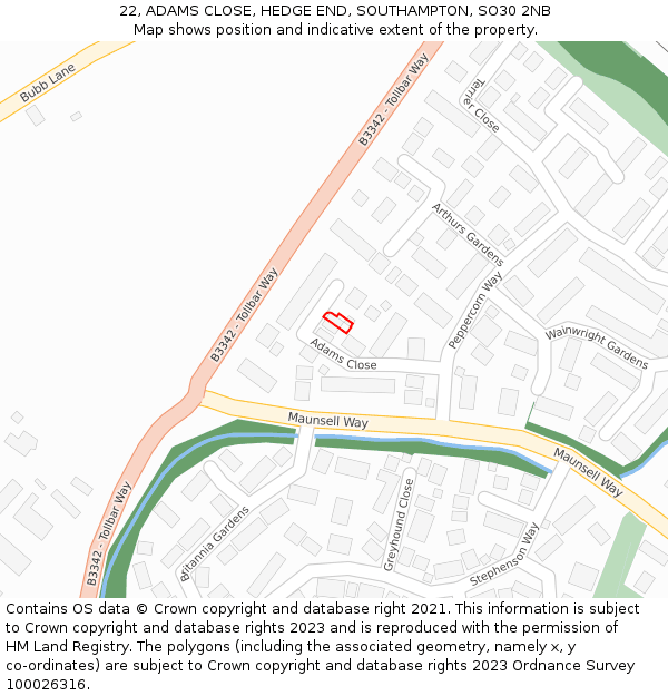 22, ADAMS CLOSE, HEDGE END, SOUTHAMPTON, SO30 2NB: Location map and indicative extent of plot