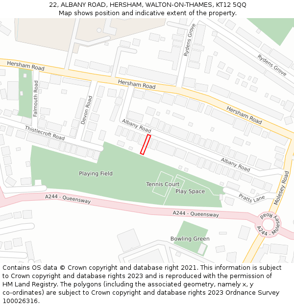 22, ALBANY ROAD, HERSHAM, WALTON-ON-THAMES, KT12 5QQ: Location map and indicative extent of plot