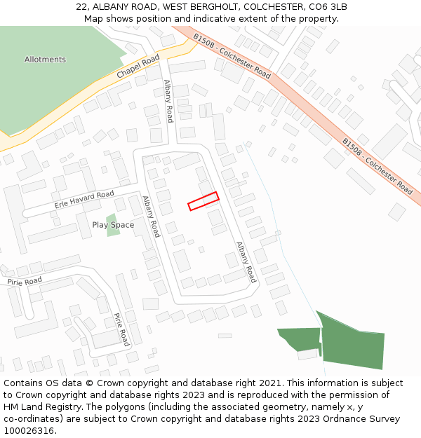 22, ALBANY ROAD, WEST BERGHOLT, COLCHESTER, CO6 3LB: Location map and indicative extent of plot