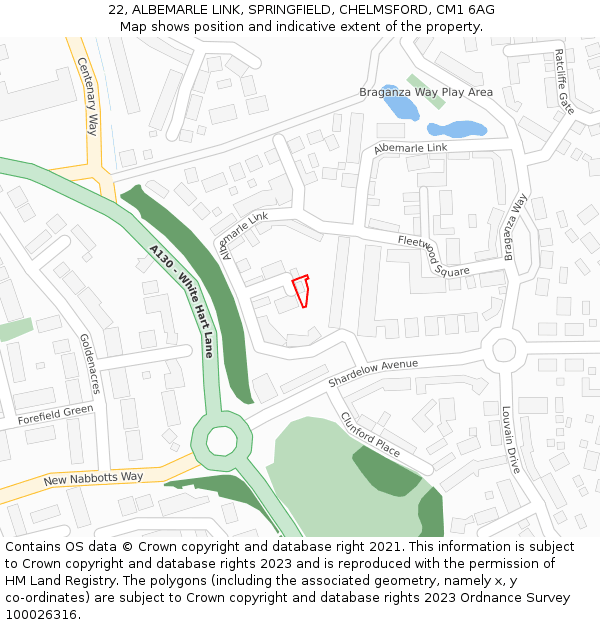 22, ALBEMARLE LINK, SPRINGFIELD, CHELMSFORD, CM1 6AG: Location map and indicative extent of plot