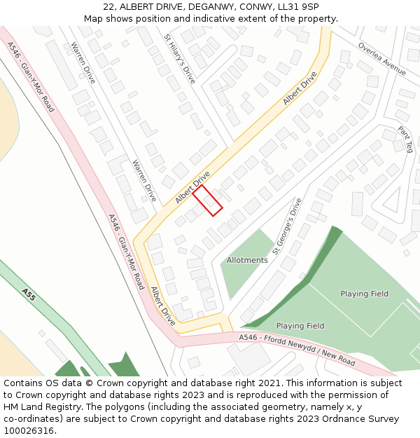 22, ALBERT DRIVE, DEGANWY, CONWY, LL31 9SP: Location map and indicative extent of plot