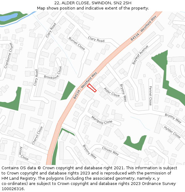 22, ALDER CLOSE, SWINDON, SN2 2SH: Location map and indicative extent of plot