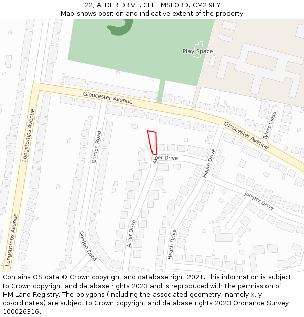 22, ALDER DRIVE, CHELMSFORD, CM2 9EY: Location map and indicative extent of plot