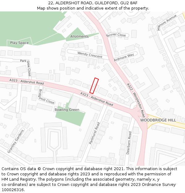 22, ALDERSHOT ROAD, GUILDFORD, GU2 8AF: Location map and indicative extent of plot