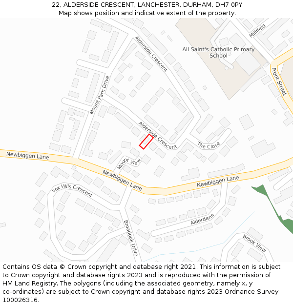 22, ALDERSIDE CRESCENT, LANCHESTER, DURHAM, DH7 0PY: Location map and indicative extent of plot