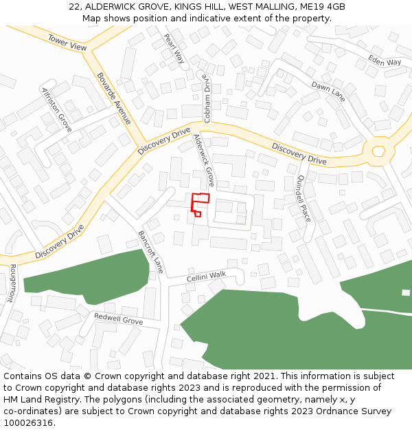 22, ALDERWICK GROVE, KINGS HILL, WEST MALLING, ME19 4GB: Location map and indicative extent of plot