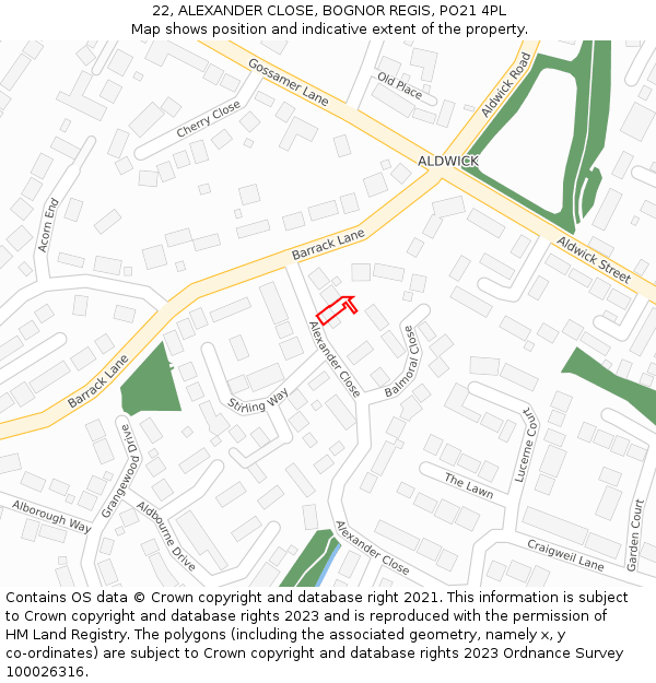 22, ALEXANDER CLOSE, BOGNOR REGIS, PO21 4PL: Location map and indicative extent of plot