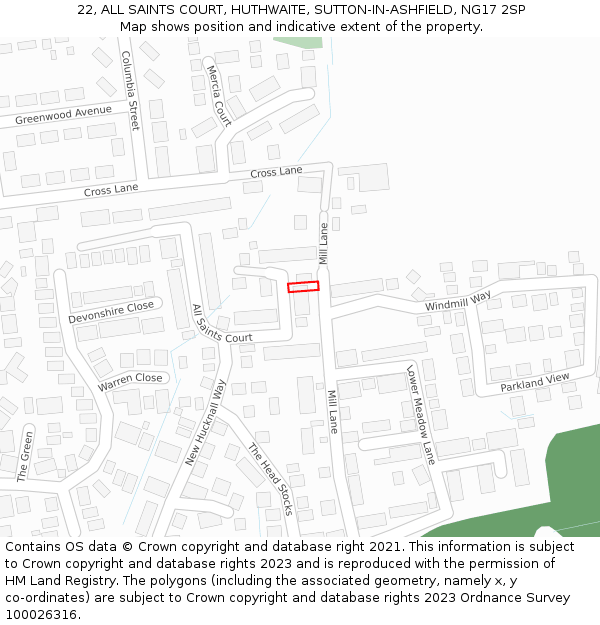 22, ALL SAINTS COURT, HUTHWAITE, SUTTON-IN-ASHFIELD, NG17 2SP: Location map and indicative extent of plot