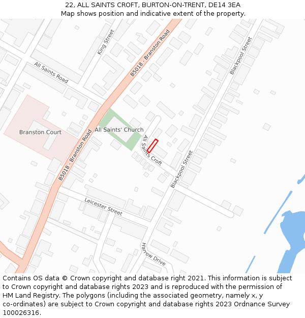 22, ALL SAINTS CROFT, BURTON-ON-TRENT, DE14 3EA: Location map and indicative extent of plot