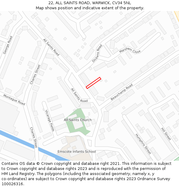 22, ALL SAINTS ROAD, WARWICK, CV34 5NL: Location map and indicative extent of plot