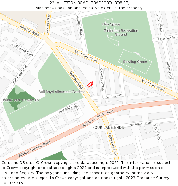 22, ALLERTON ROAD, BRADFORD, BD8 0BJ: Location map and indicative extent of plot