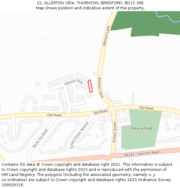 22, ALLERTON VIEW, THORNTON, BRADFORD, BD13 3AE: Location map and indicative extent of plot