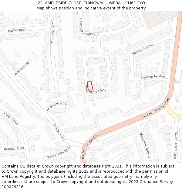 22, AMBLESIDE CLOSE, THINGWALL, WIRRAL, CH61 3XQ: Location map and indicative extent of plot