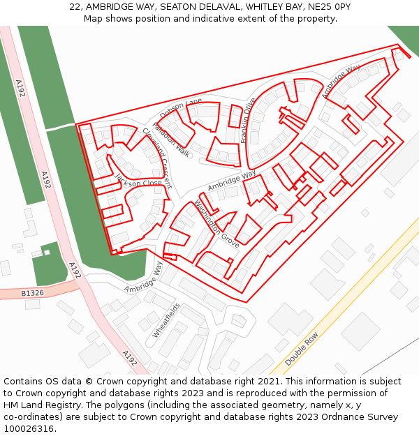 22, AMBRIDGE WAY, SEATON DELAVAL, WHITLEY BAY, NE25 0PY: Location map and indicative extent of plot