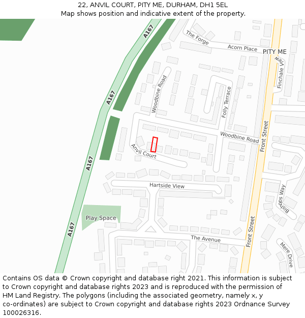 22, ANVIL COURT, PITY ME, DURHAM, DH1 5EL: Location map and indicative extent of plot