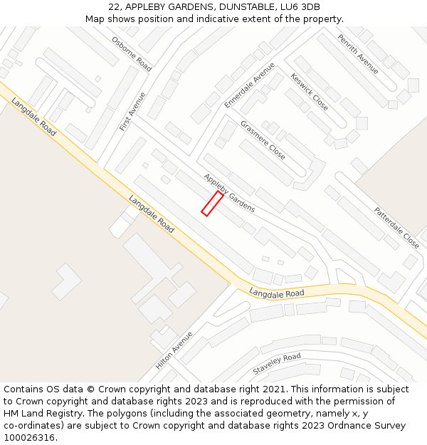 22, APPLEBY GARDENS, DUNSTABLE, LU6 3DB: Location map and indicative extent of plot