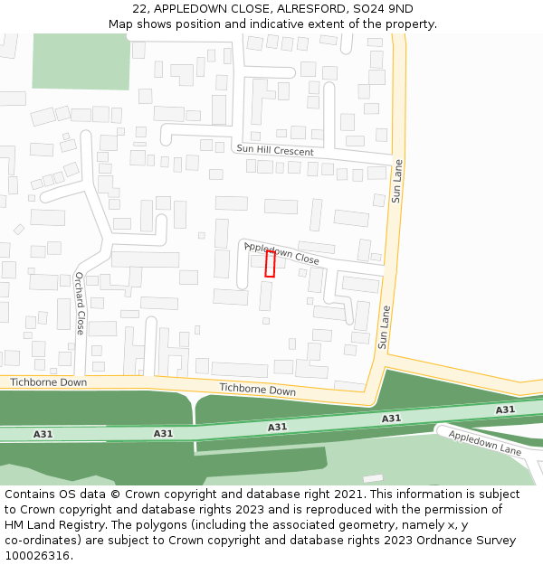 22, APPLEDOWN CLOSE, ALRESFORD, SO24 9ND: Location map and indicative extent of plot