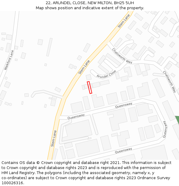 22, ARUNDEL CLOSE, NEW MILTON, BH25 5UH: Location map and indicative extent of plot
