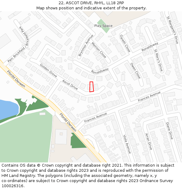 22, ASCOT DRIVE, RHYL, LL18 2RP: Location map and indicative extent of plot