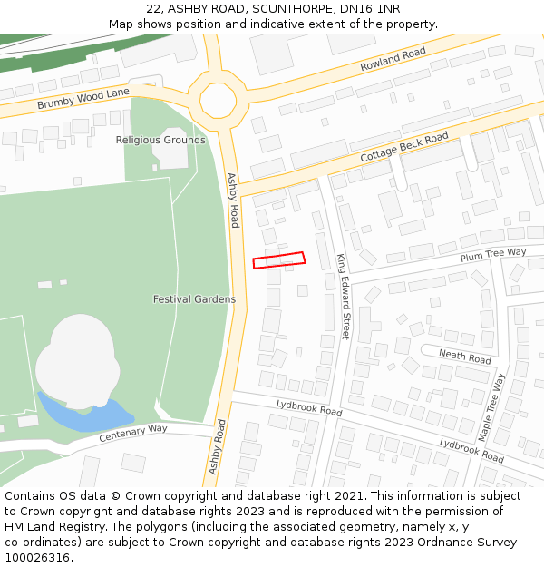 22, ASHBY ROAD, SCUNTHORPE, DN16 1NR: Location map and indicative extent of plot