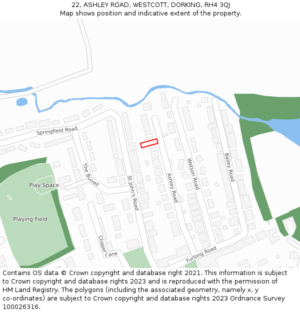 22, ASHLEY ROAD, WESTCOTT, DORKING, RH4 3QJ: Location map and indicative extent of plot