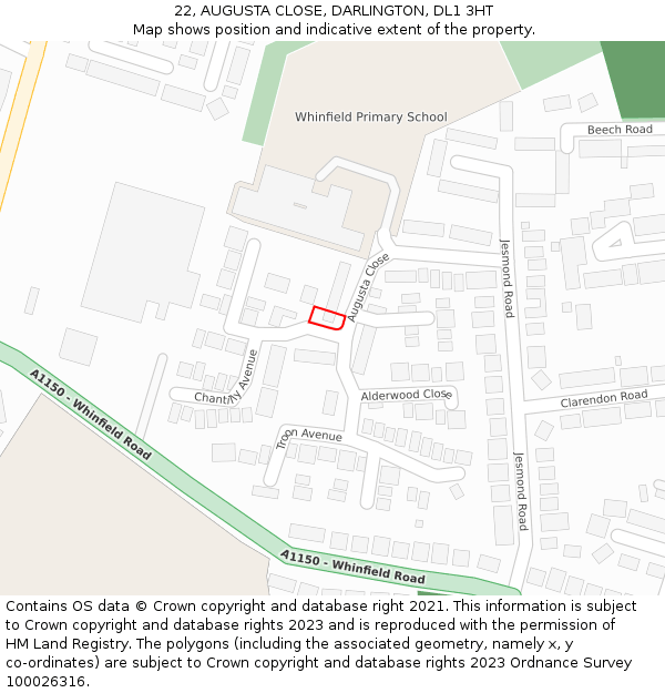 22, AUGUSTA CLOSE, DARLINGTON, DL1 3HT: Location map and indicative extent of plot