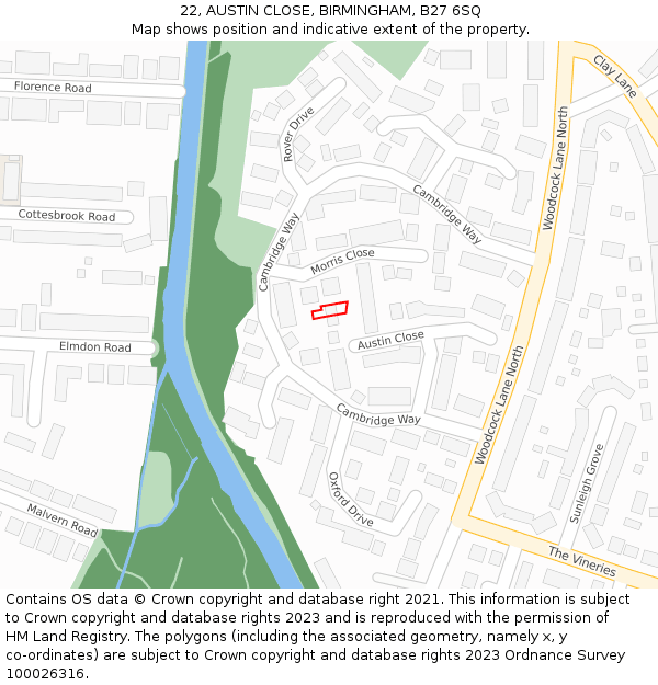 22, AUSTIN CLOSE, BIRMINGHAM, B27 6SQ: Location map and indicative extent of plot
