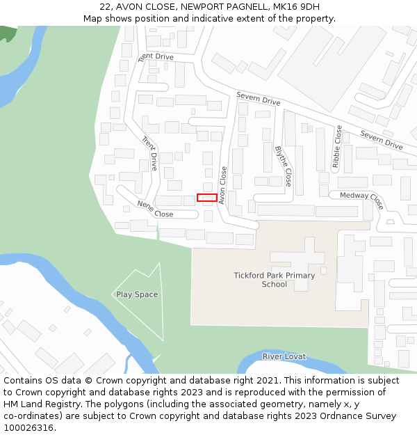 22, AVON CLOSE, NEWPORT PAGNELL, MK16 9DH: Location map and indicative extent of plot