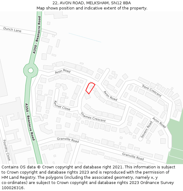 22, AVON ROAD, MELKSHAM, SN12 8BA: Location map and indicative extent of plot