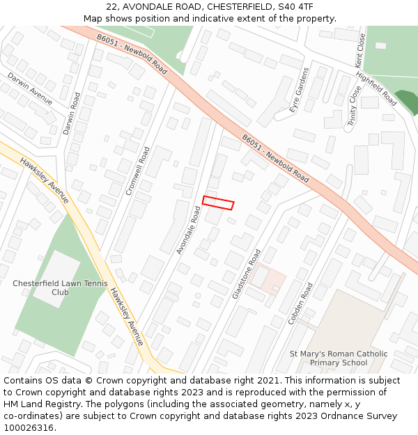 22, AVONDALE ROAD, CHESTERFIELD, S40 4TF: Location map and indicative extent of plot