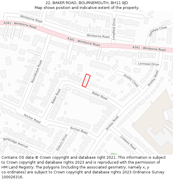 22, BAKER ROAD, BOURNEMOUTH, BH11 9JD: Location map and indicative extent of plot