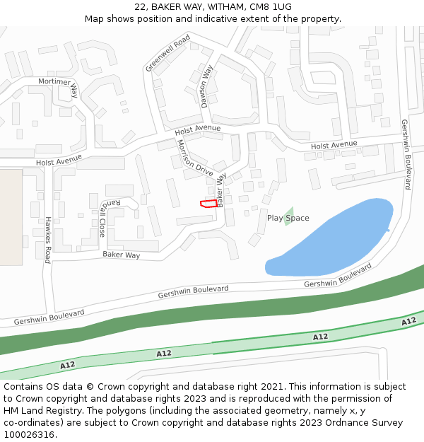 22, BAKER WAY, WITHAM, CM8 1UG: Location map and indicative extent of plot