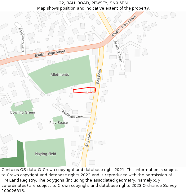 22, BALL ROAD, PEWSEY, SN9 5BN: Location map and indicative extent of plot