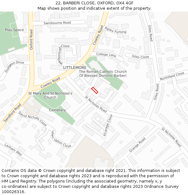 22, BARBERI CLOSE, OXFORD, OX4 4GF: Location map and indicative extent of plot