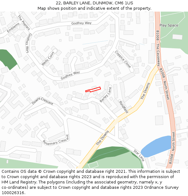 22, BARLEY LANE, DUNMOW, CM6 1US: Location map and indicative extent of plot