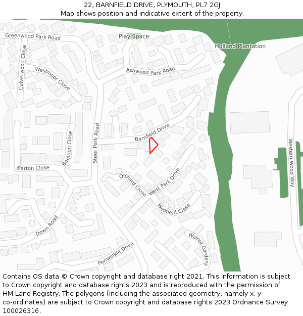 22, BARNFIELD DRIVE, PLYMOUTH, PL7 2GJ: Location map and indicative extent of plot