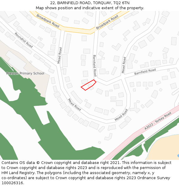 22, BARNFIELD ROAD, TORQUAY, TQ2 6TN: Location map and indicative extent of plot