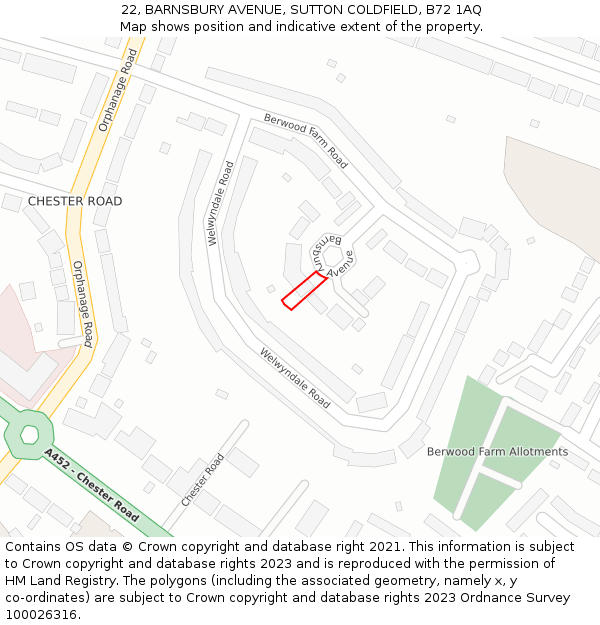 22, BARNSBURY AVENUE, SUTTON COLDFIELD, B72 1AQ: Location map and indicative extent of plot