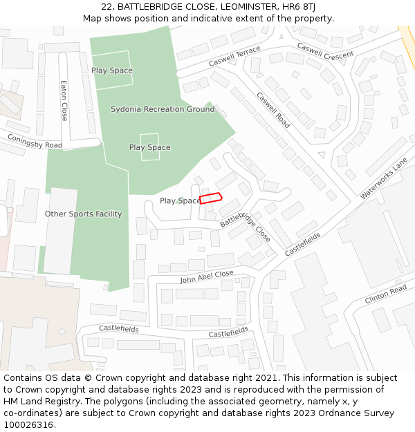 22, BATTLEBRIDGE CLOSE, LEOMINSTER, HR6 8TJ: Location map and indicative extent of plot